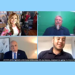 Clockwise from top: Jackline Cacho, host of the JC Jackline Cacho Show; Enrique G. Murillo Jr., CSUSB professor of education and executive director of Latino Education and Advocacy Days (LEAD); Adonis Galarza-Toledo, CSUSB Associated Students Inc. president; and Robert J. Nava, CSUSB vice president of University Advancement.