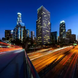 Time lapse photo of downtown Los Angeles traffic.