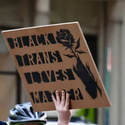 Black Trans Lives Matter sign at the May Day 2017 in New York City. The eighth program in the university’s Conversations on Race and Policing series will take place at 4 p.m. Wednesday on Zoom. Photo by Alec Perkins via Wikimedia Commons.