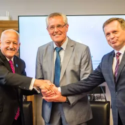 From left: Tomás D. Morales, president, Cal State San Bernardino; Yurii Bobalo, professor, university leadership rector at Lviv Polytechnic National University; and Stanisław Mazur, rector of Krakow University of Economics. CSUSB has entered into memorandums of understanding for academic exchanges programs with each of the two universities.