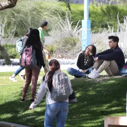 Students walking on the CSUSB campus