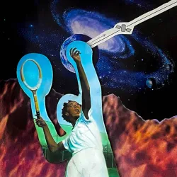 A woman in mid-jump with a tennis racket