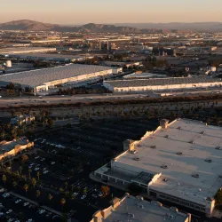 An aerial view of warehouses in Rancho Cucamonga, near Interstate 15.