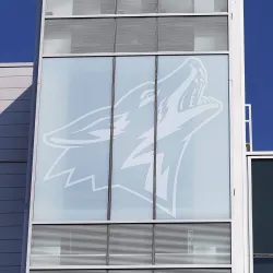 The CSUSB Coyote looms over the campus from the top of the Santos Manuel Student Union North.