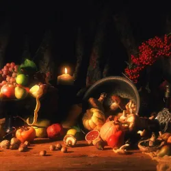 Illustration of a cornucopia of fruits and vegetables.