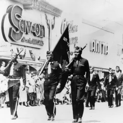 American Legion Post No. 710 Drill Team at Court & E Streets in Downtown San Bernardino, 1948. Photo by Henry Hooks, courtesy of San Bernardino County Museum