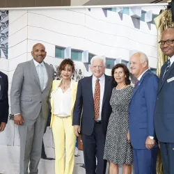 From left: Robert Nava, CSUSB vice president of University Advancement; Rafik Mohamed, interim provost and vice president of Academic Affairs; Judy Rodriguez Watson; James R. Watson; Evy Morales; CSUSB President Tomás D. Morales; and Chinaka DomNwachukwu, dean, Watson College of Education.