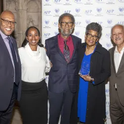 From left: Adrian Stevens, CSUSB associate vice president philanthropic giving; Nefertiti Long, vice chair CSUSB Philanthropic Foundation board, 2022 Community Champions of the Year Reggie Webb and René Webb; CSUSB President Tomás D. Morales.