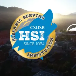 Aerial photo of CSUSB with the HSI and university logo overlay