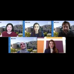 The “Online Education During Unprecedented Times” panelists at the ITS Tech Talks, top from left: Mihaela Popescu, Bibiana Diaz and Craig Seal; bottom from left, Oraib Mango and Sharon Kalkoske.