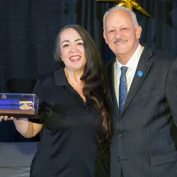 From left, Lisa Gordon, recipient of this year's Angie Award, with CSUSB President Tomás D. Morales