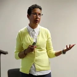 Mary Texeira, CSUSB sociology professor, brought attention to intersectionality and the overwhelming issues of sexual harassment at the Yotie Talks 