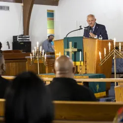 University President Tomás D. Morales speaks at the 2022 Super Sunday event at St. Paul African Methodist Episcopal Church in San Bernardino.