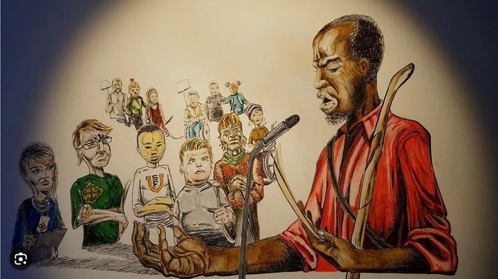 Painting of Leroy Moore with microphone and audience