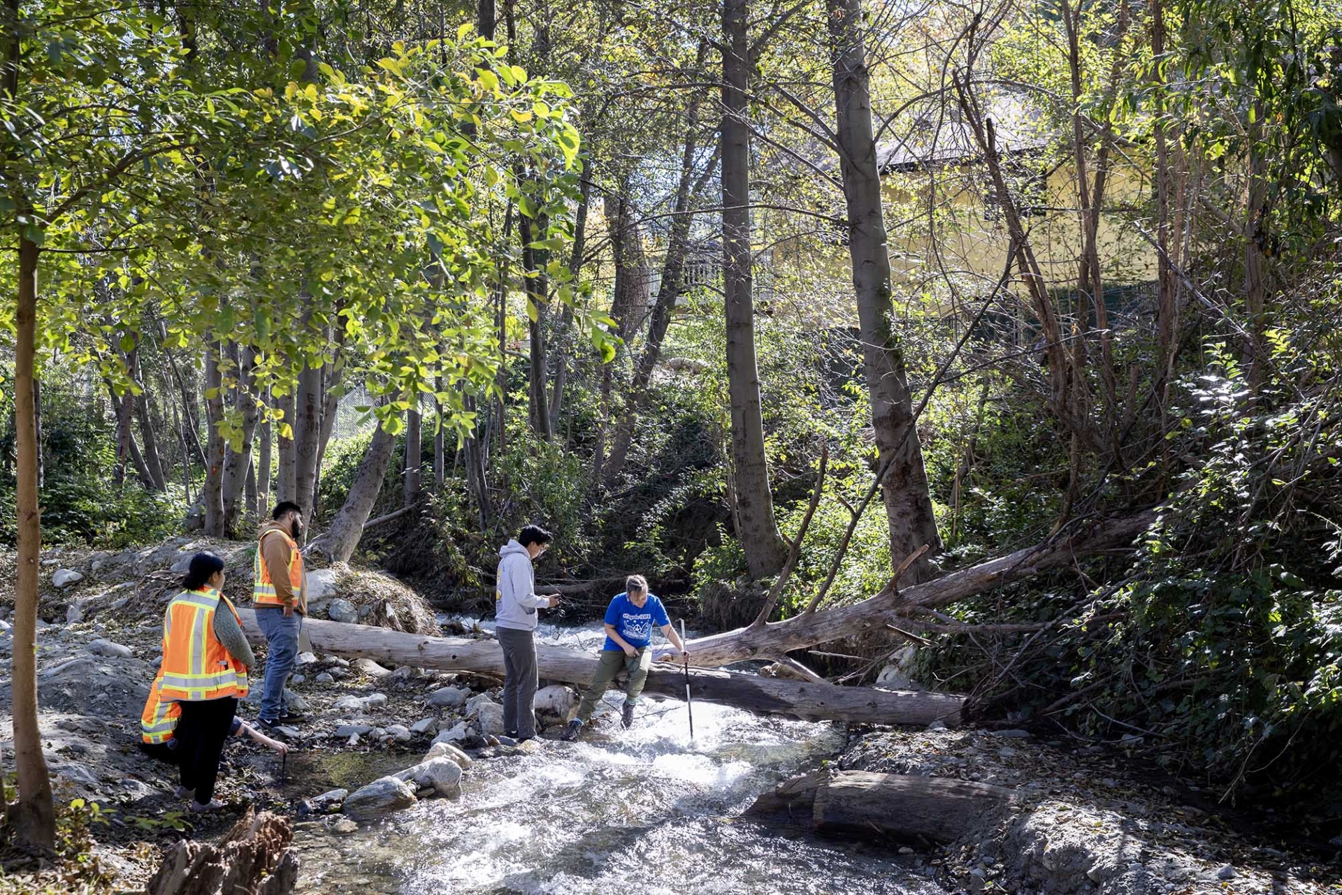 Jennifer Alford leads her geography field experience taking water readings in Lytle Creek.