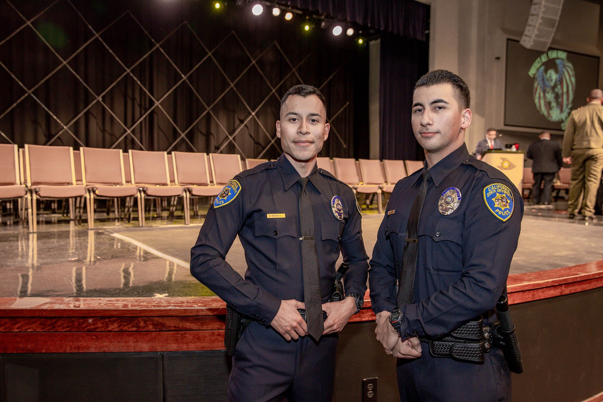 CSUSB police officers Victor Rodriguez, left, and Raudel Garcia-Reynoso at their San Bernardino County Sheriff’s Office’s Basic Law Enforcement Academy in 2023. Both are are CSUSB alumni who are now part of the UPD force under a under a partnership with the department and the School of Criminology and Criminal Justice.
