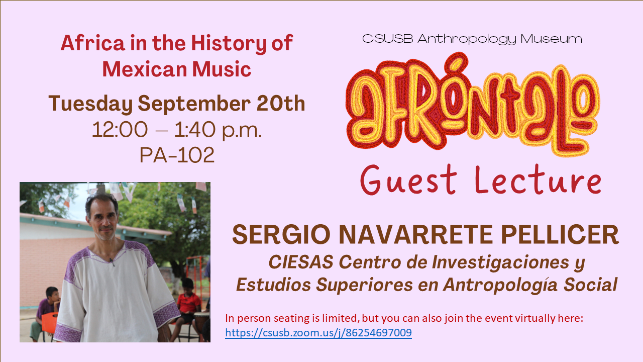 Africa in the History of Mexican Music flyer with guest lecturer image. 
