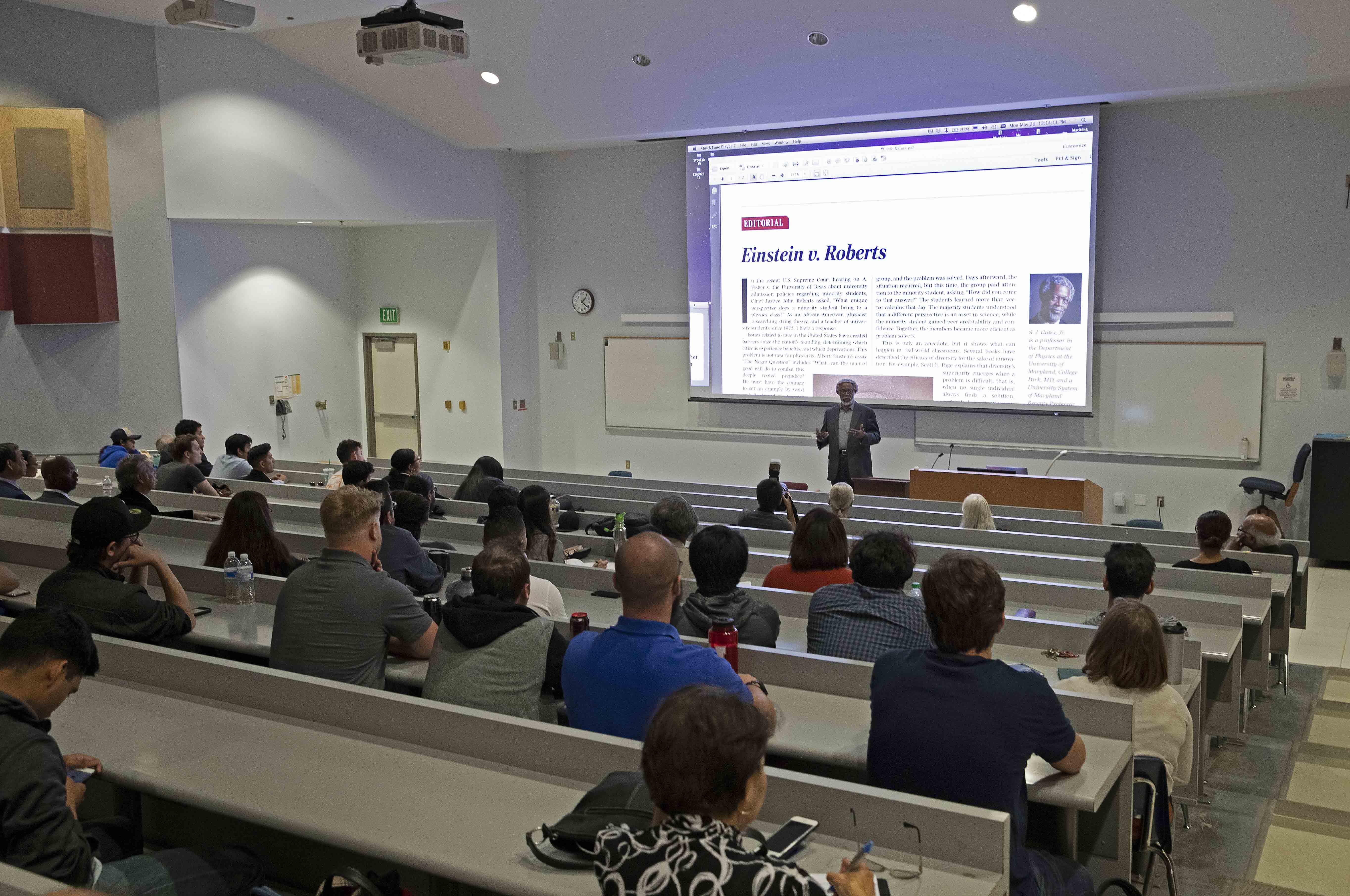 Sylvester James “Jim” Gates, a theoretical physicist and the Ford Foundation Physics Professor and Affiliate Mathematics Professor at Brown University, presented “Einstein v Robert,” which focused on why diversity makes