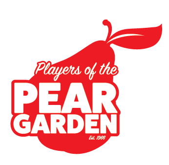 An illustrated pear in red with the words "Players of the Pear Garden est. 1966" 