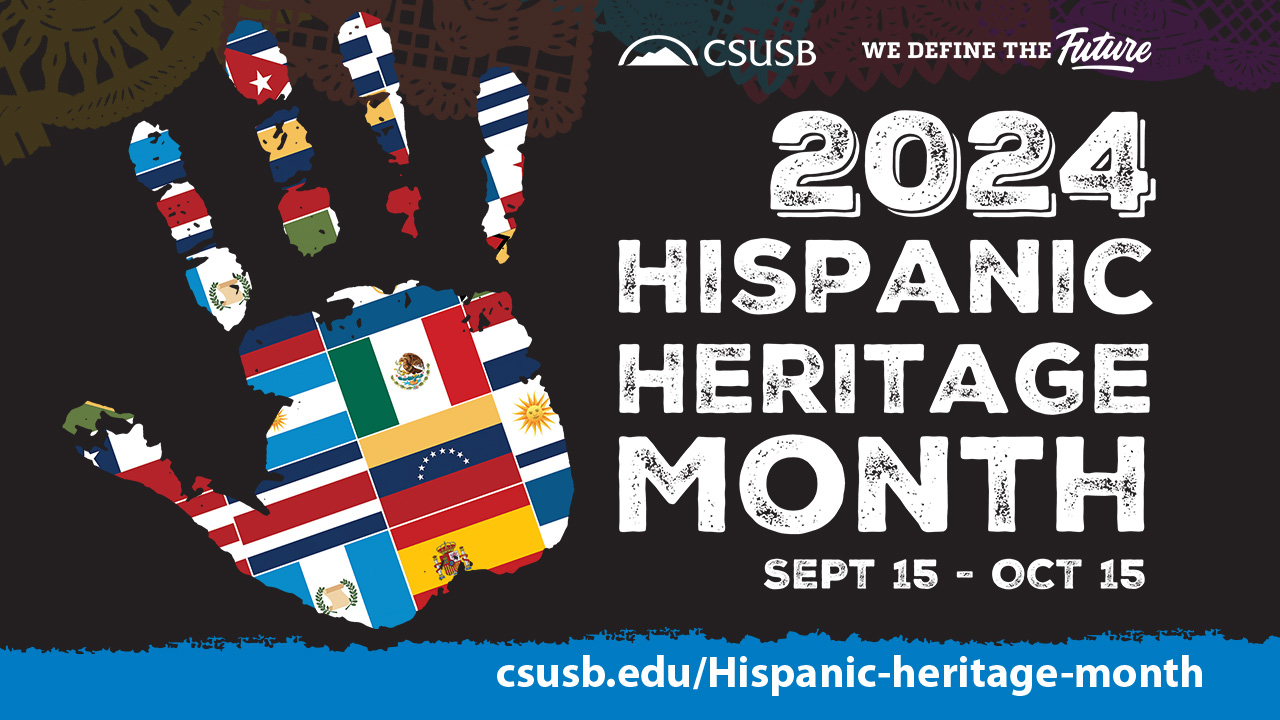 Hispanic Heritage Month Graphic with palm print filled with Latin American county flags