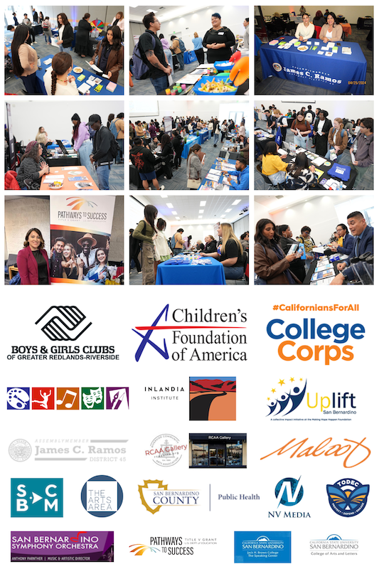 ​​​​Collage of photos capturing people networking and exploring opportunities at a career fair. Logos of the following organizations:  Boys and Girls Club of the Inland Empire, Inlandia Institute, NV Media, Office of Assemblymember James C. Ramos, Garcia Center for the Arts, Riverside Community Arts Association, College Corps, Sam & Alfreda Maloof Foundation for Arts and Crafts, San Bernardino County Department of Public Health, San Bernardino County Museum, The Arts Area, The San Bernardino Symphony, Making Hope Happen (Uplift San Bernardino), TODEC (Legal Center), Children's Foundation of America, CSUSB Writing Center, CSUSB Speaking Center, CSUSB JHBC Professional Writing Office, Pathways to Success, and College of Arts and Letters.