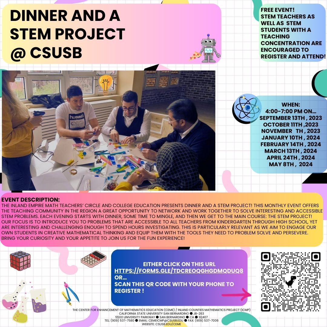 A picture of the flyer for the 2023-2024 Dinner and a Math Problem Flyer. The information in the flyer is in a table below the picture.