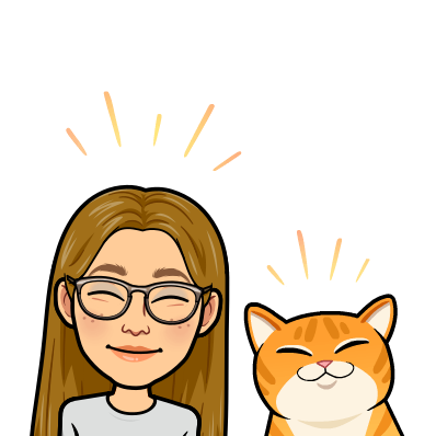 Animated image of a white woman with blonde hair in a white shirt and glasses next to an orange cat. Closed lip smiles and closed eyes.