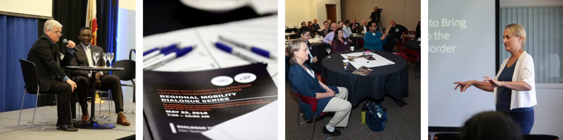 [Leonard Transportation Center] from left to right Photo 1: 2 men speaking on stage; photo 2: booklet regional mobility dialogue series; photo 3: audience at LTC conference; photo 4: Dr. Kimberly Collins lecture