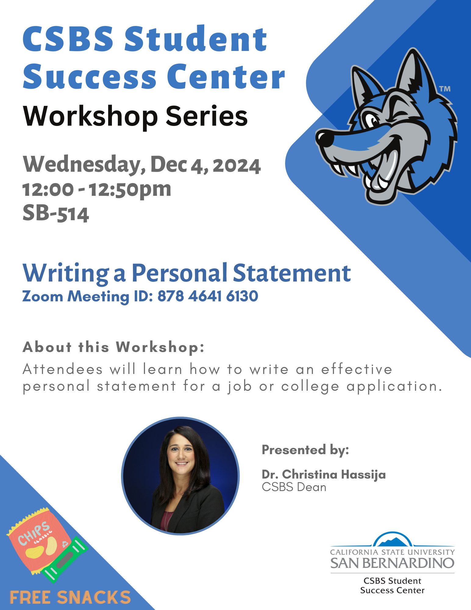 CSBS Student Success Workshop Flyer: Writing a Personal Statement