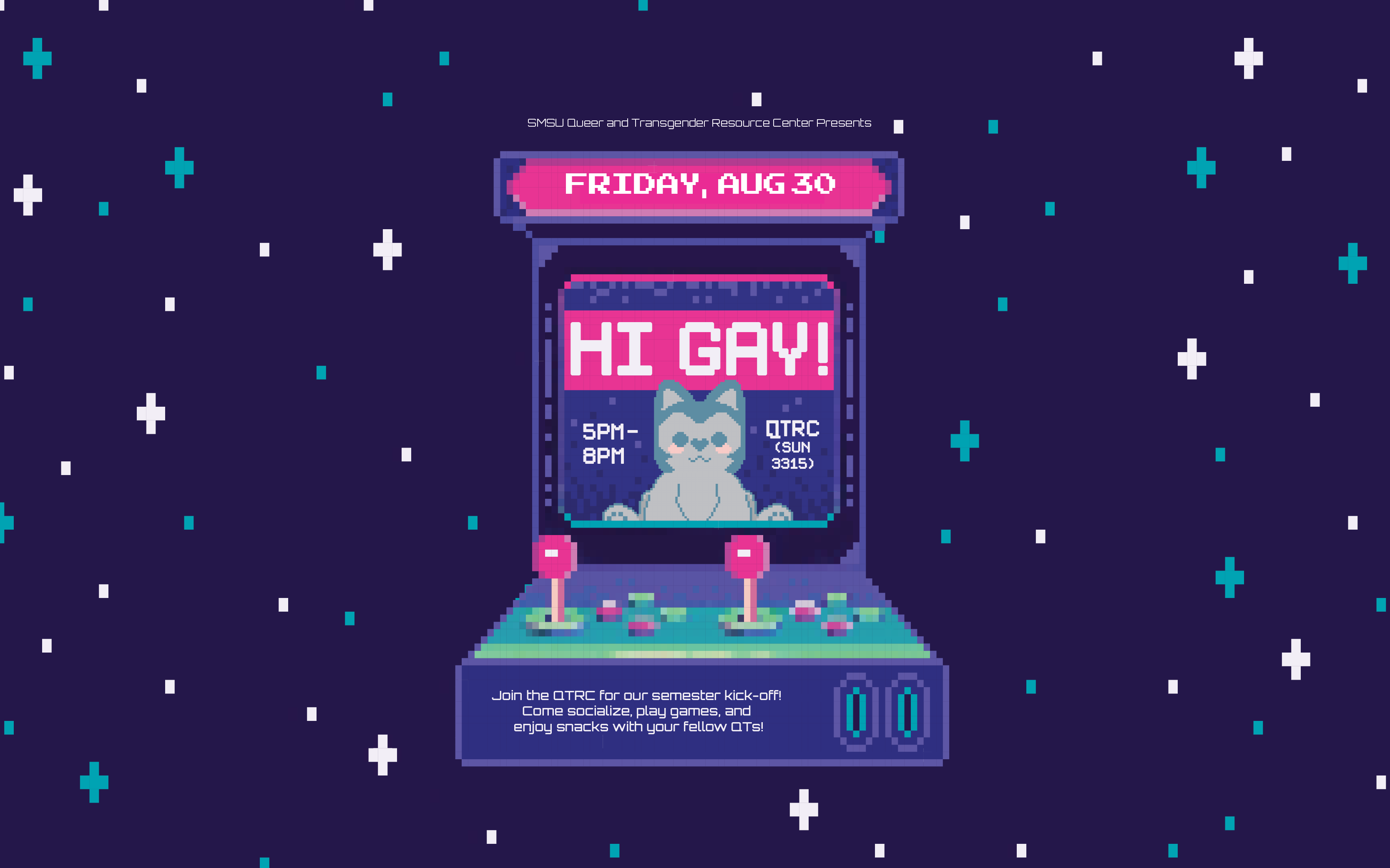 Flyer reads: Hi Gay! Friday, Aug 30.  Depicts image or arcade game with coyote in the middle.