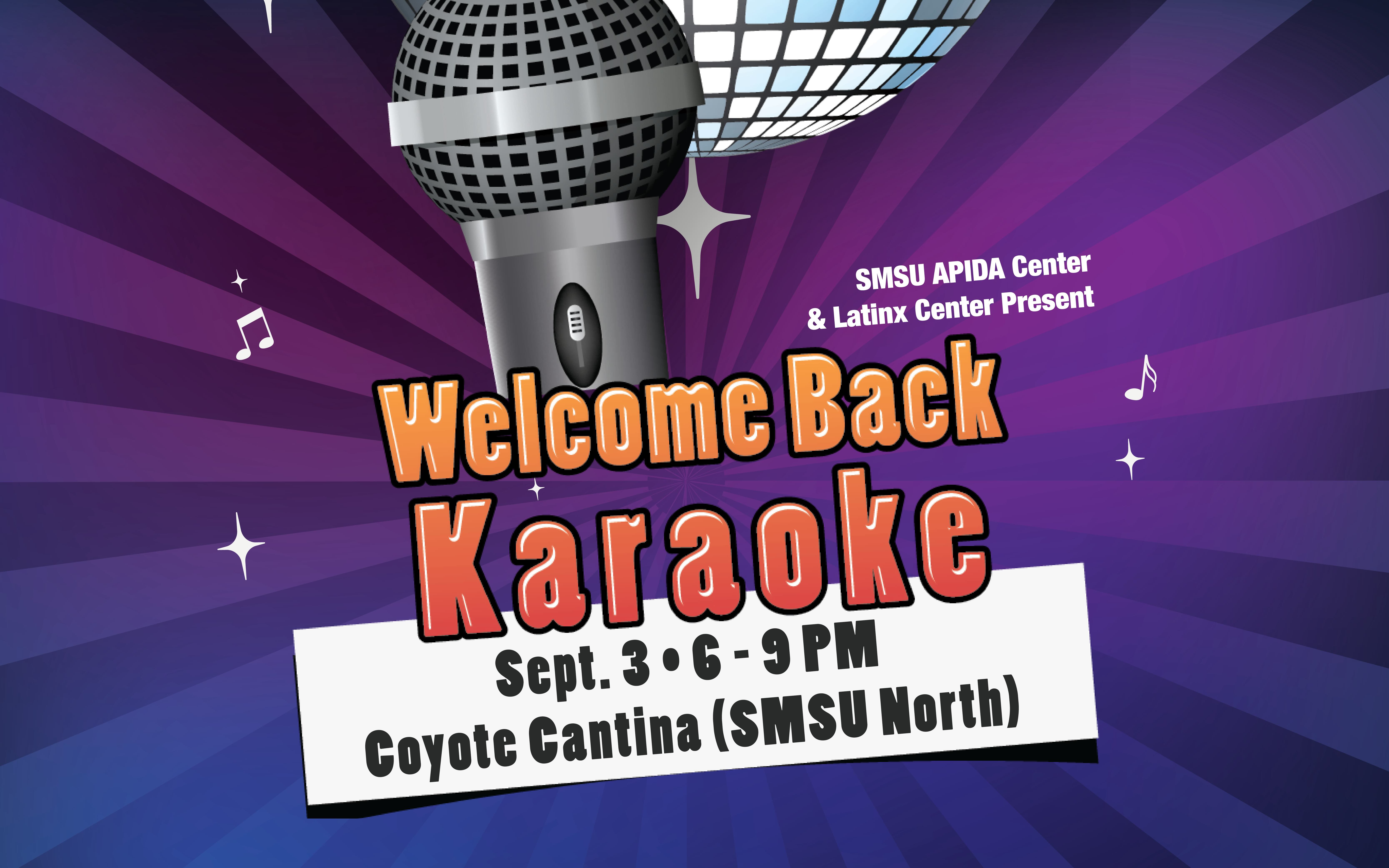 Flyer reads: Welcome Back Karaoke. September 3rd, 6 to 9pm. Coyote Cantina (SMSU North). Image of disco ball and microphone.