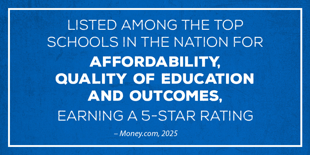 Listed among the top schools in the nation for affordability, quality of education and outcomes, earning a 5-star rating. Money.com, 2025