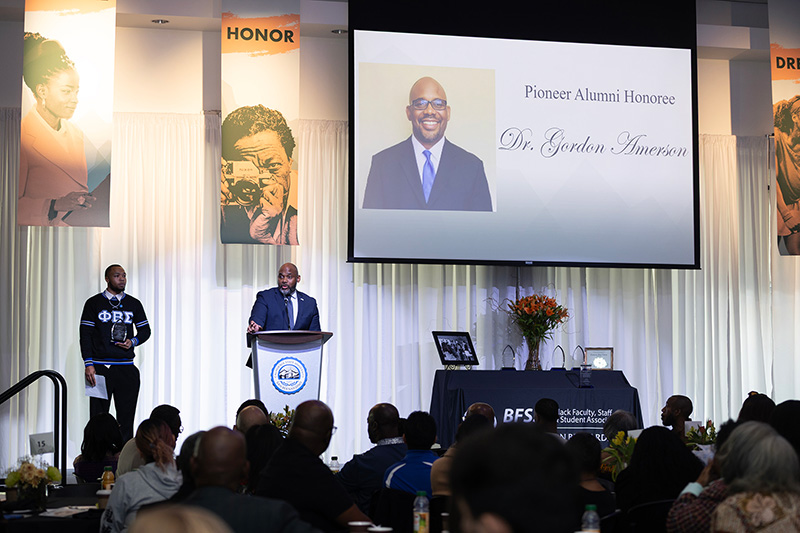 This year, CSUSB’s Black Faculty, Staff and Student Association paid tribute to Amerson with the Distinguished Alumni Award during its annual Pioneer Breakfast.
