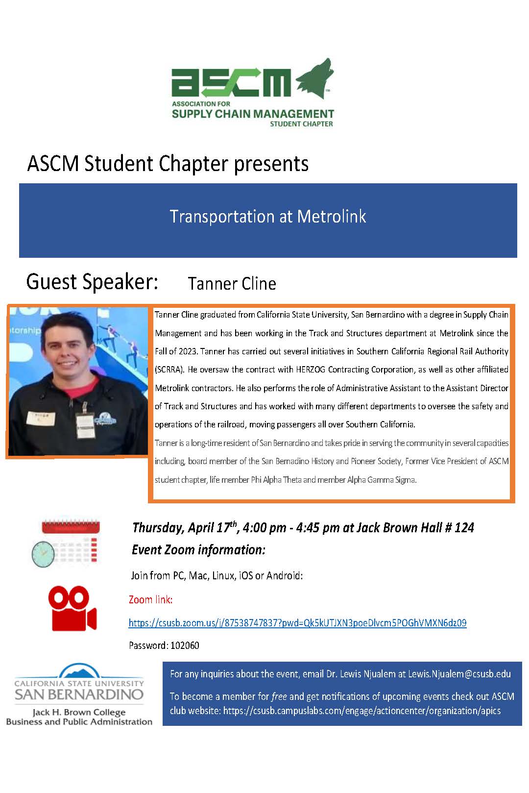 Tanner Cline is the guest speaker for ASCM Student Club!