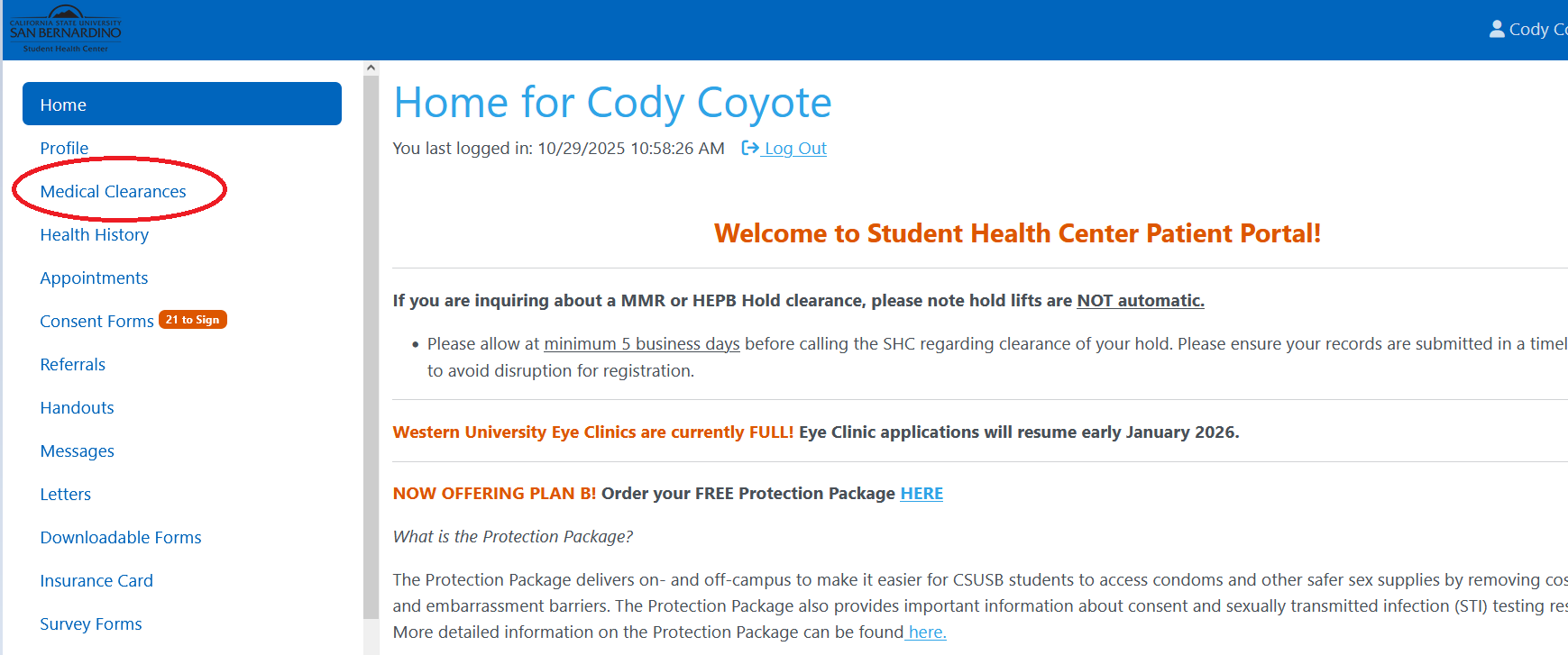 red circle around the "Medical Clearances" tab, three  choices down on the left hand column