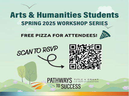 An informative flyer for the Spring 2025 workshop series aimed at arts and humanities students, showcasing dates and activities.