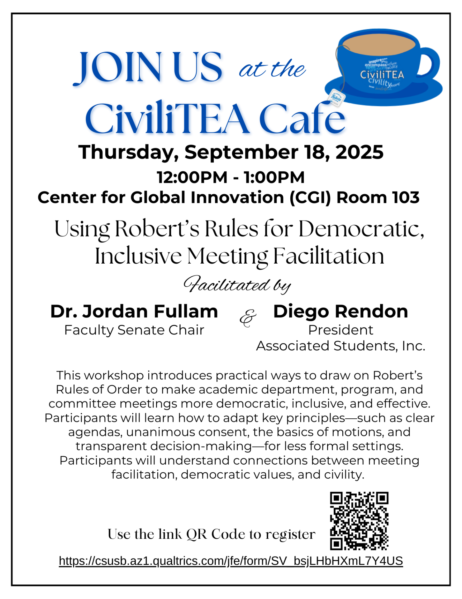 Flyer announcing the CiviliTEA Cafe event on Thursday, September 18, 2025 @ 12:00pm - 1:00pm. 
