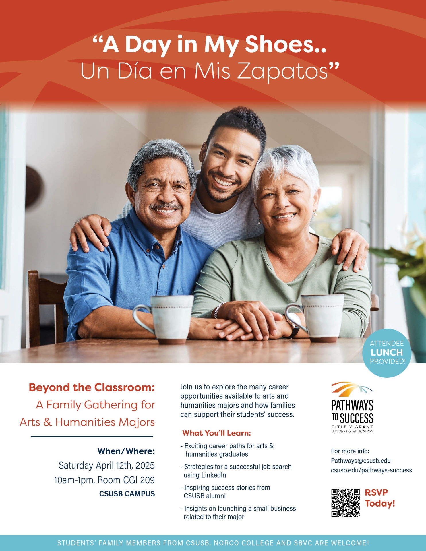 A hispanic family of three smiling and hugging each other.