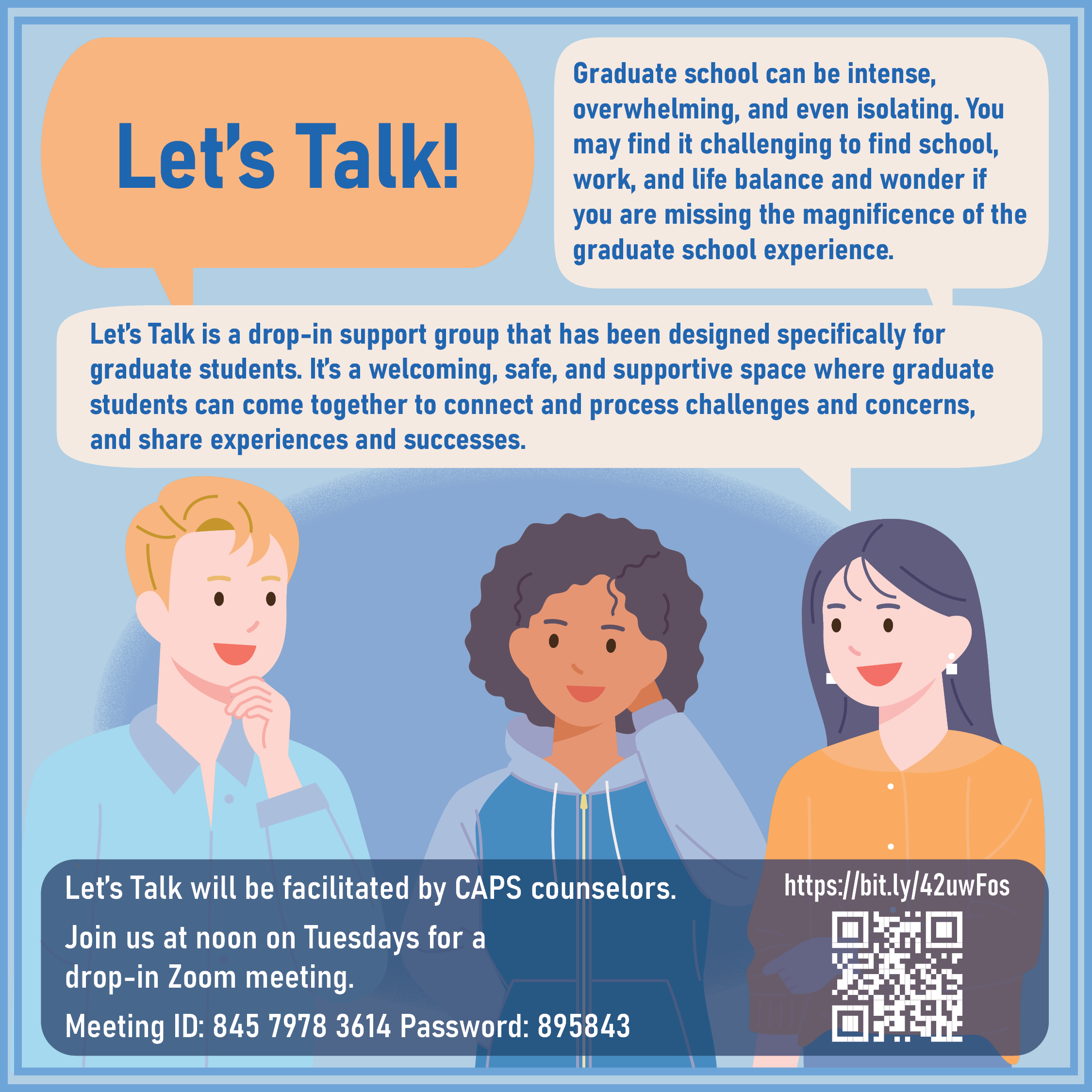 Images of three people engaging in a conversation. Image includes QR code link to session.