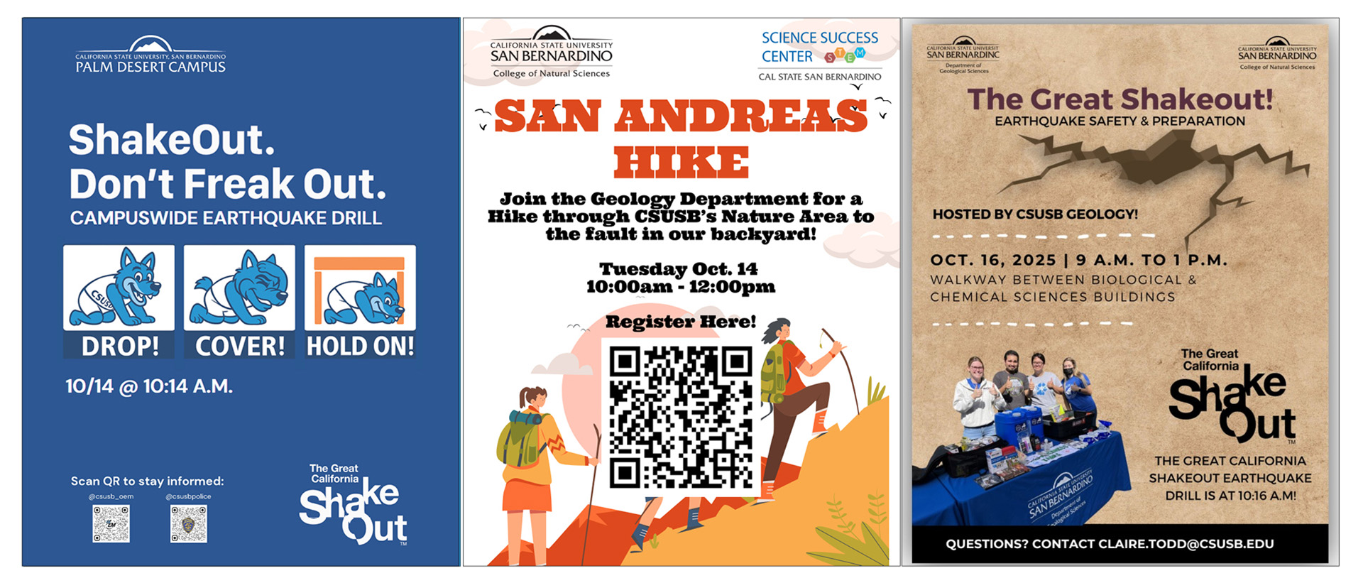 Three flyers announcing Great ShakeOut events at CSUSB.