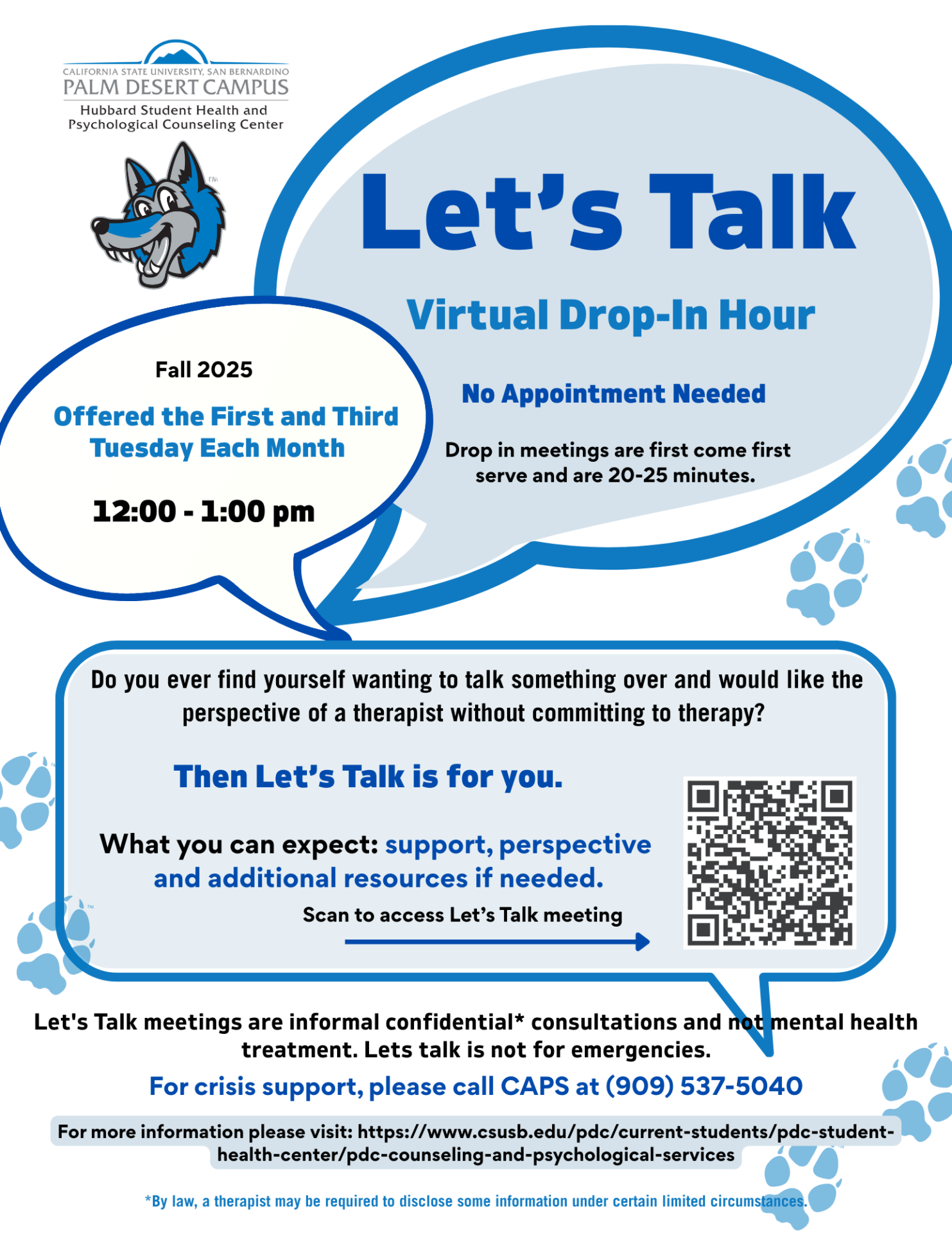 Graphic highlighting a virtual drop-in hour for open discussions and community engagement.