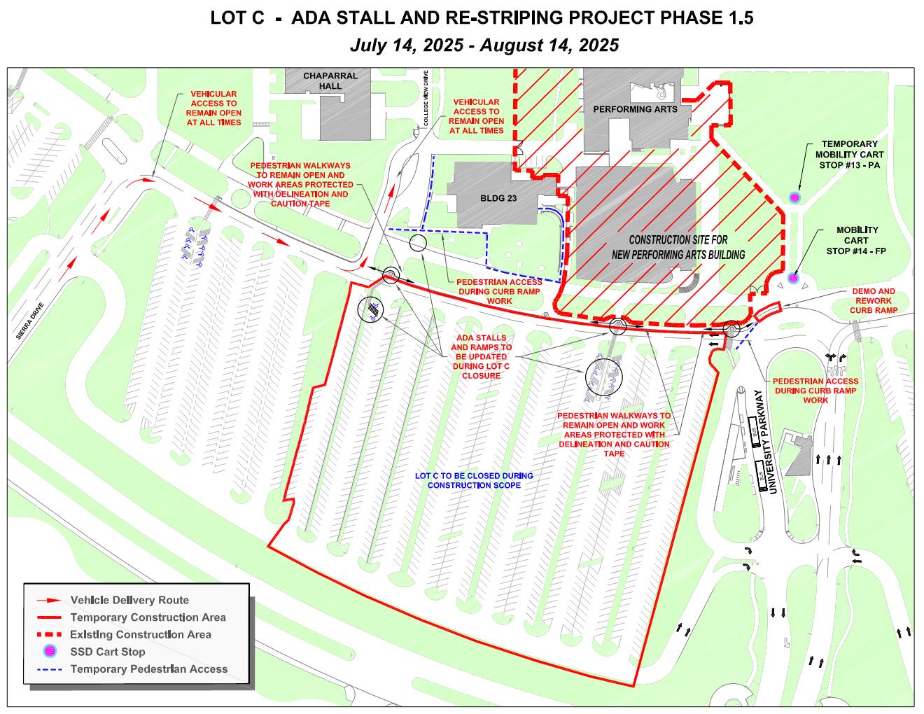 Campus map depicting areas of construction and closure. 