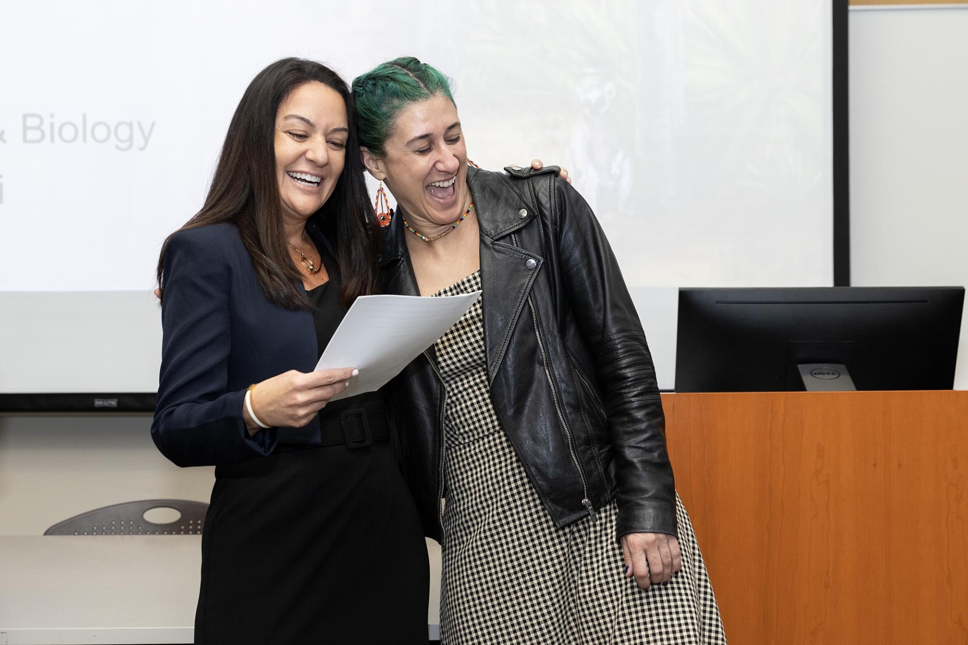 Kelly Campbell, vice provost, makes the surprise announcement that Lúa López-Perez is the Outstanding Faculty Advisor Award recipient.