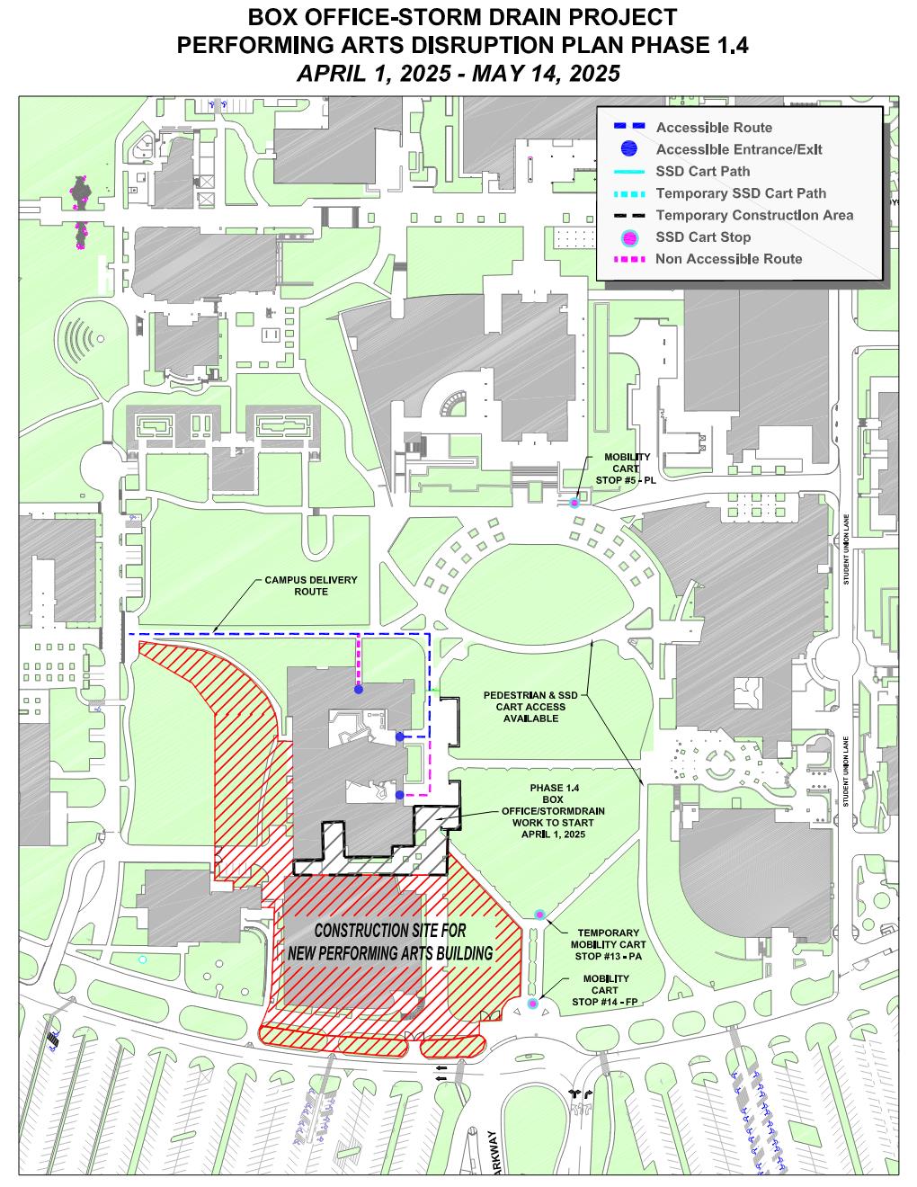 Campus disruption map depicting construction fence areas related to the Performing Arts Building Annex project. 