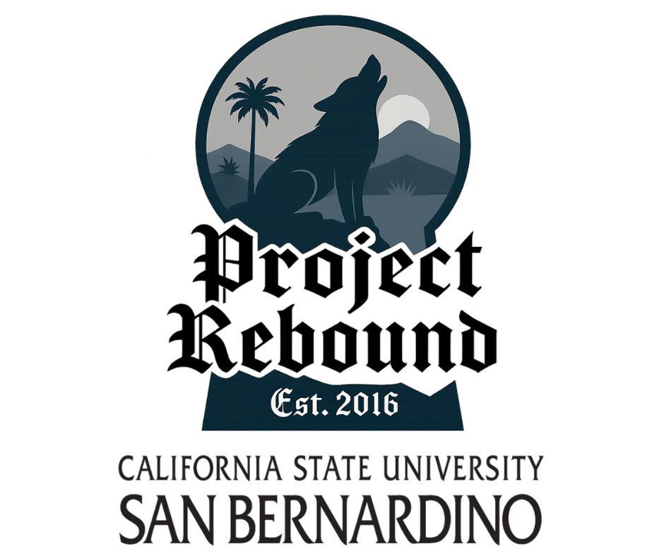 CSUSB Project Rebound logo, howling coyote plus est. 2016