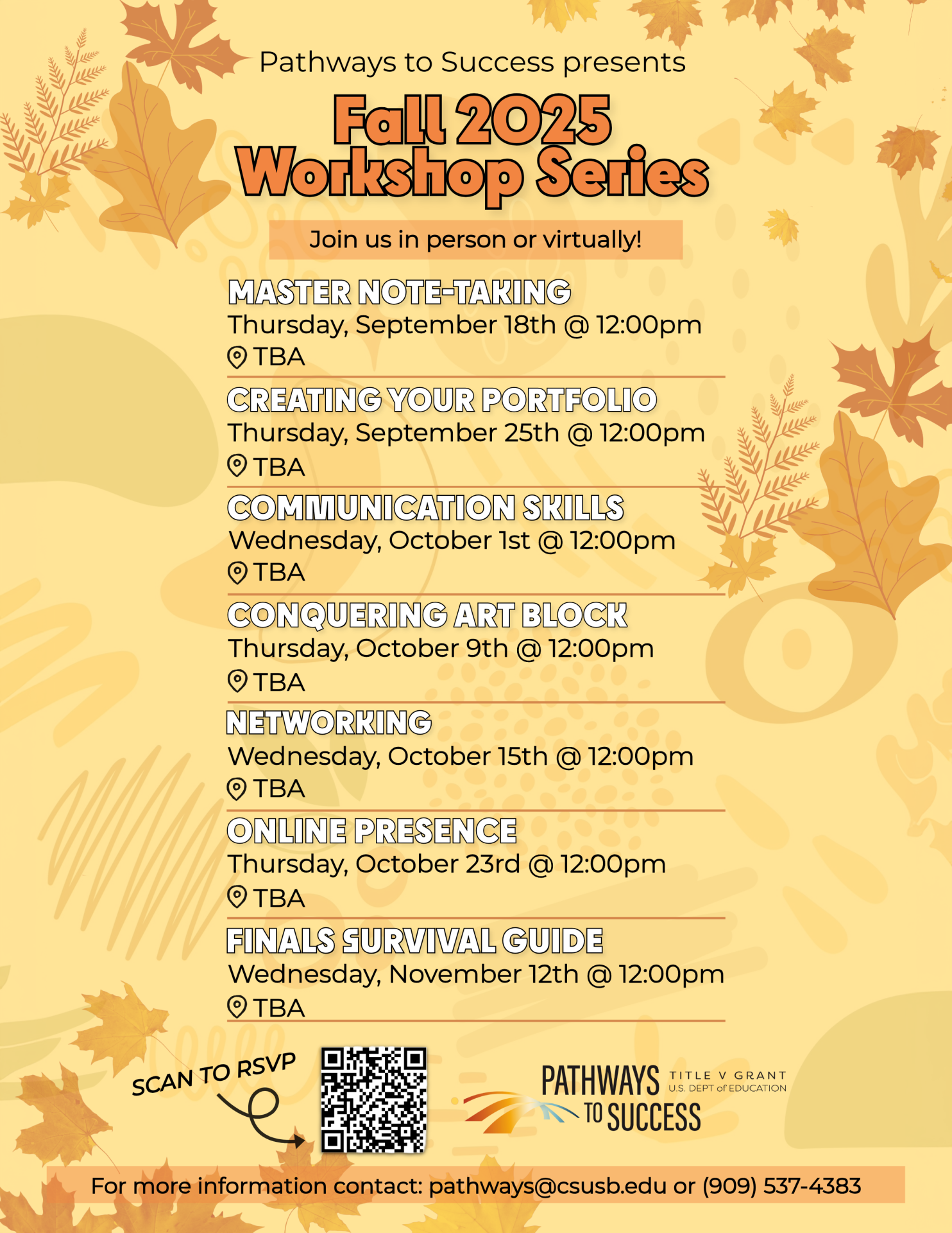 Fall themed flyer with falling leaves, Fall 2025 Workshop Series presented by Pathways to Success