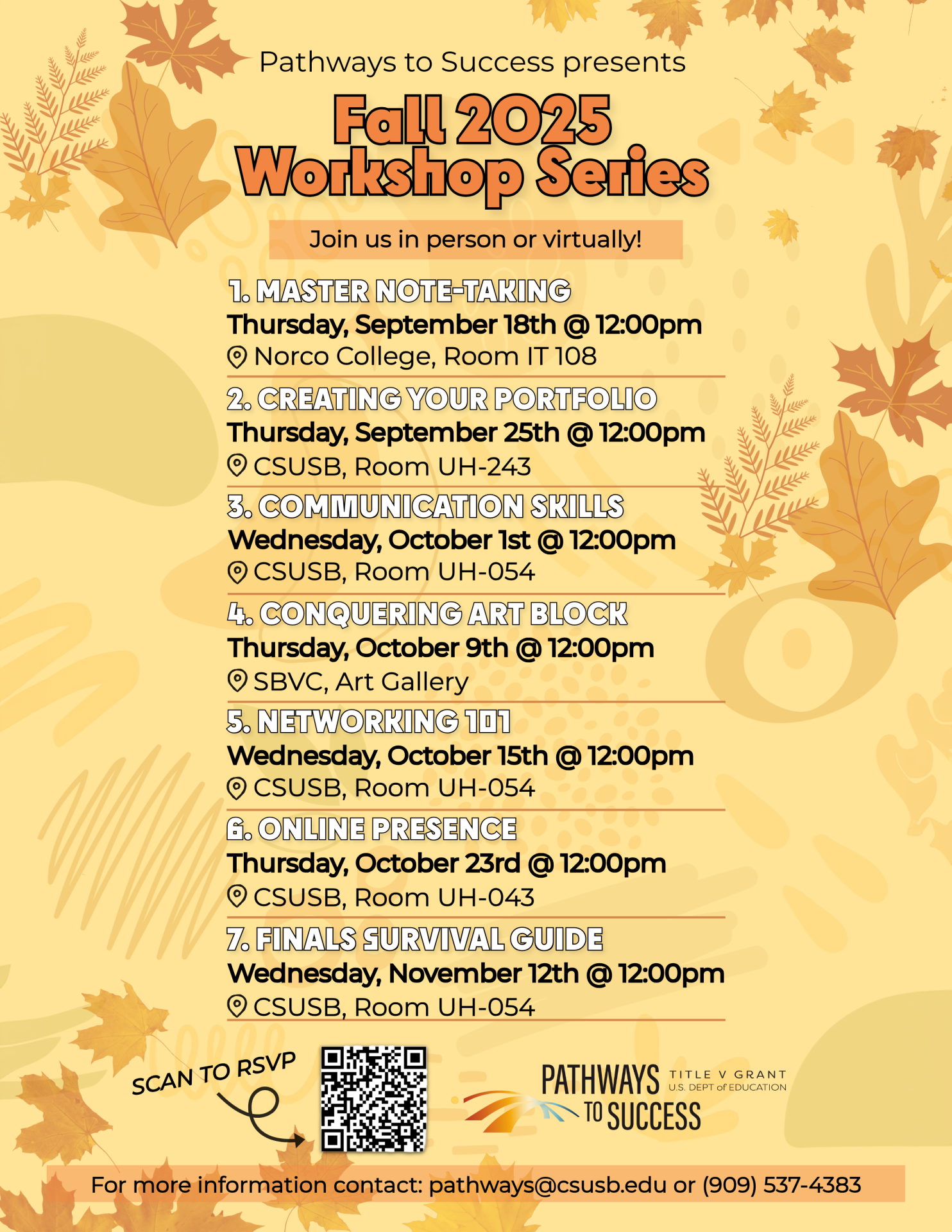 Fall themed poster with information about events occurring at CSUSB, SBVC, Norco College