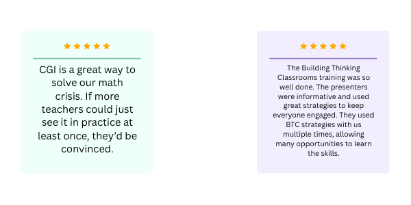 One review stating: "CGI is a great way to solve our math crisis. If more teachers could just see it in practice at least once, they’d be convinced." One review stating: "The Building Thinking Classrooms training was so well done. The presenters were informative and used great strategies to keep everyone engaged. They used BTC strategies with us multiple times, allowing many opportunities to learn the skills."