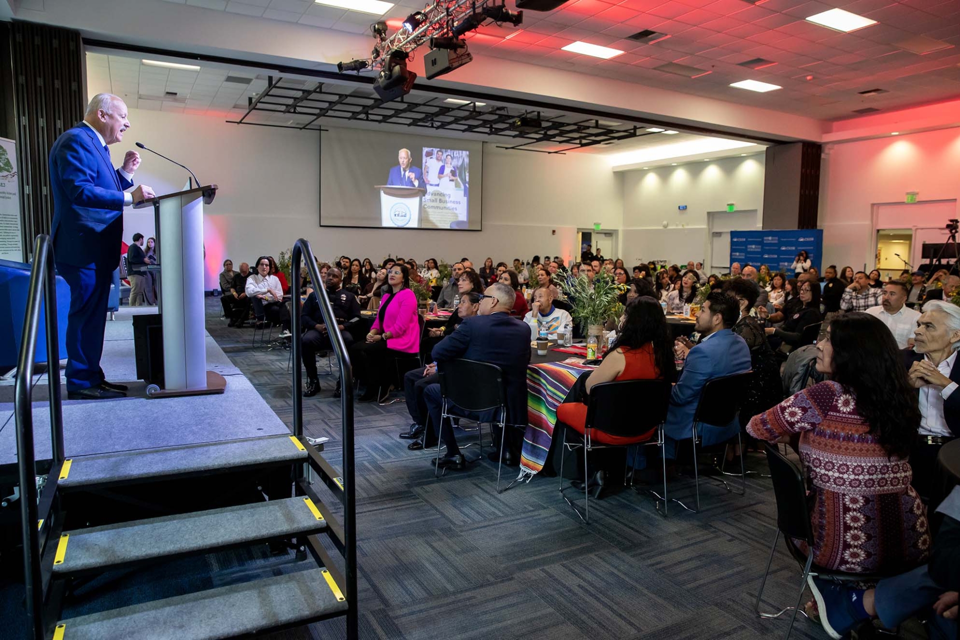 CSUSB President Tomas D. Morales welcomes guests to the 2025 Cesar Chavez Memorial Breakfast.