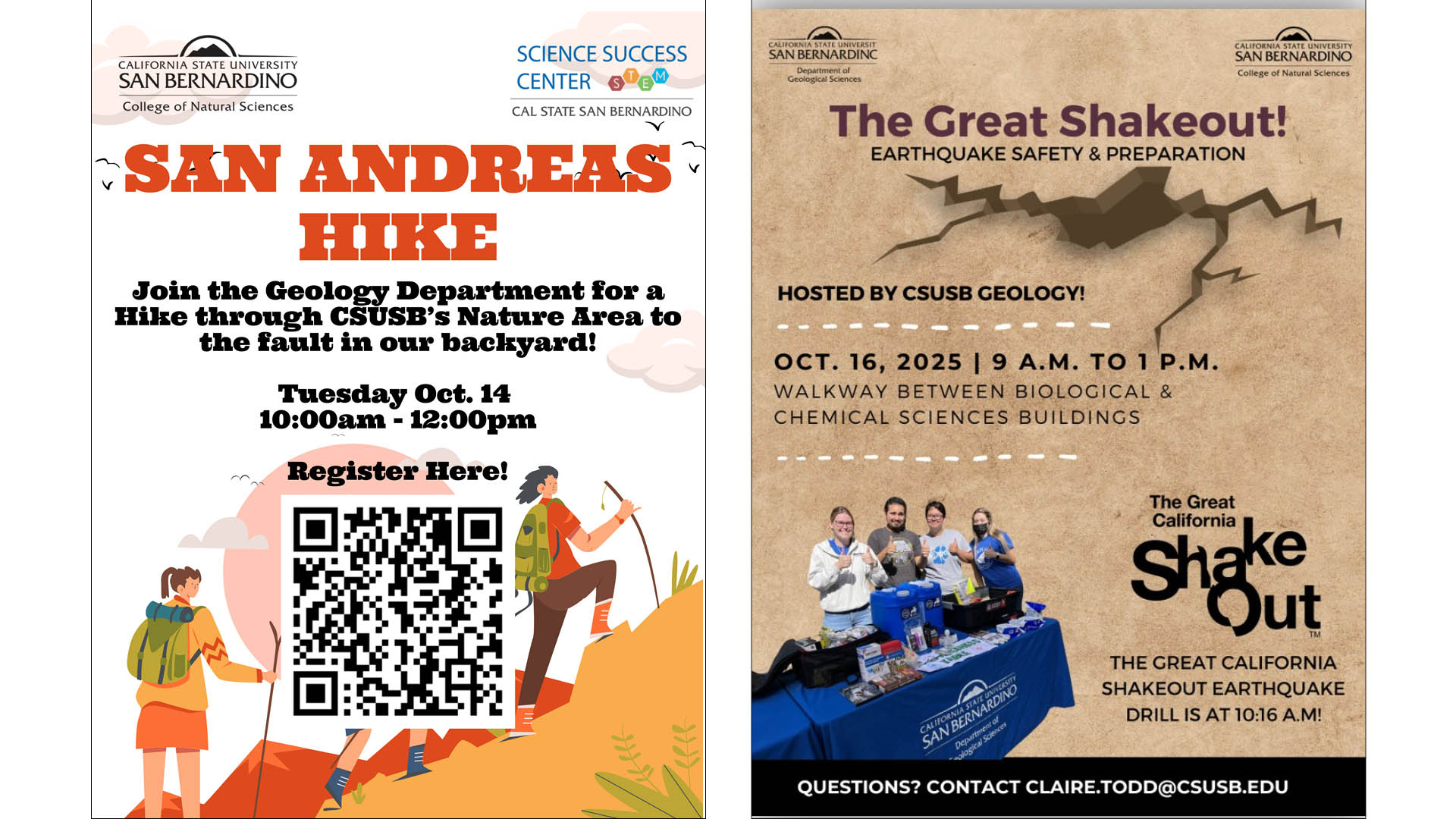 Flyers for the San Andreas Hike (at left) and the Great ShakeOut safety fair
